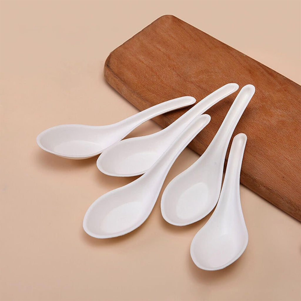 Eco Friendly Disposable Soup Spoons  Sugarcane Fiber Spoon  Healthy and Sturdy  5.5" Asian Soup Spoons  for Take-out Ramen Pho Noodles(50PCS)