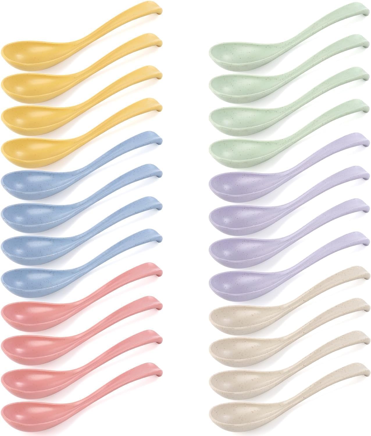 Hiceeden Set of 24 Reusable Plastic Asian Chinese Soup Spoons  Unbreakable Japanese Ramen Set  Long Dinner Spoons for Dumpling  Cereal  Dishwasher Safe  6 Colors