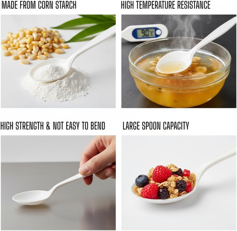 Eco-Friendly 6" Disposable Soup Spoons - 50 Pack Heavy Duty Disposable Silverware  Extra-Length Cornstarch Serving Spoons for Hot Soup  Ice Cream Chili  Parties (Ivory)