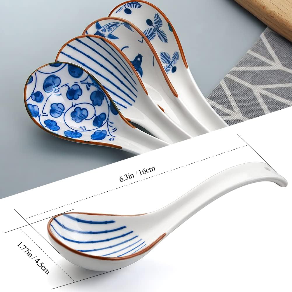 IQCWOOD Ceramic Asian Soup Spoons  Blue and White Japanese Spoon for Soup Rice Ramen Pho Wonton Dumpling Miso  Deep Oval Hook Design  Gifts for Friends Parents Family