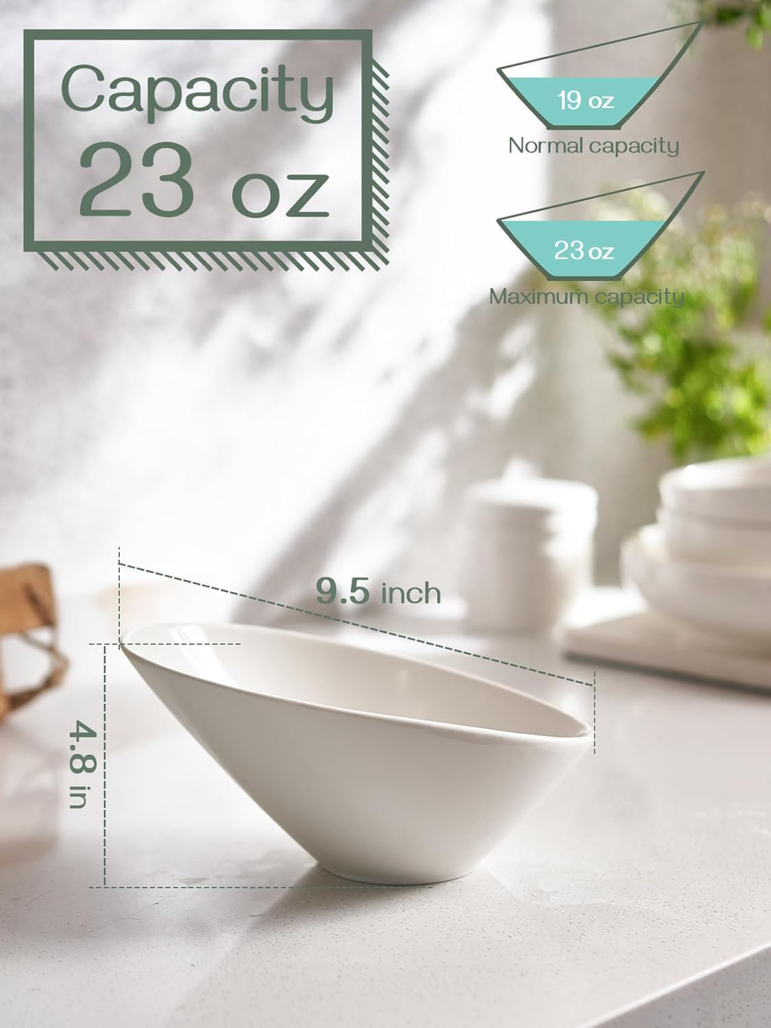 DOWAN 23 OZ Slanted Salad Bowls of 2 Packs - 9.5" Angled Serving Bowls for Salad  Fruit  Snacks - Ceramic White Bowls for Restaurant  Daily Use - Dishwasher & Microwave Safe