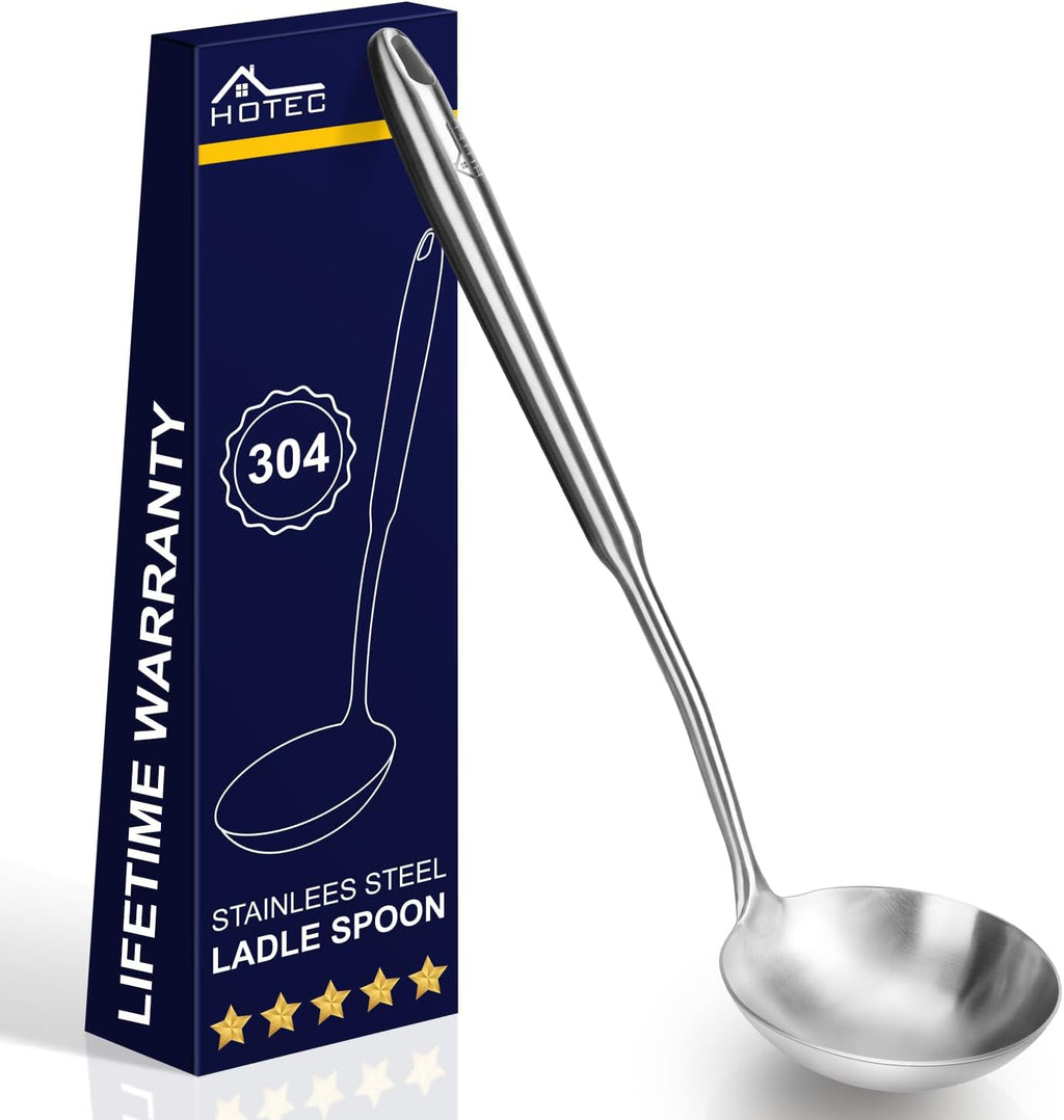 HOTEC Stainless Steel Soup Ladle Spoon 13.7" – Kitchen Ladle for Cooking and Serving  One-Piece 304 Stainless Steel Serving Spoon for Soup  Stew  Gravy  Broth