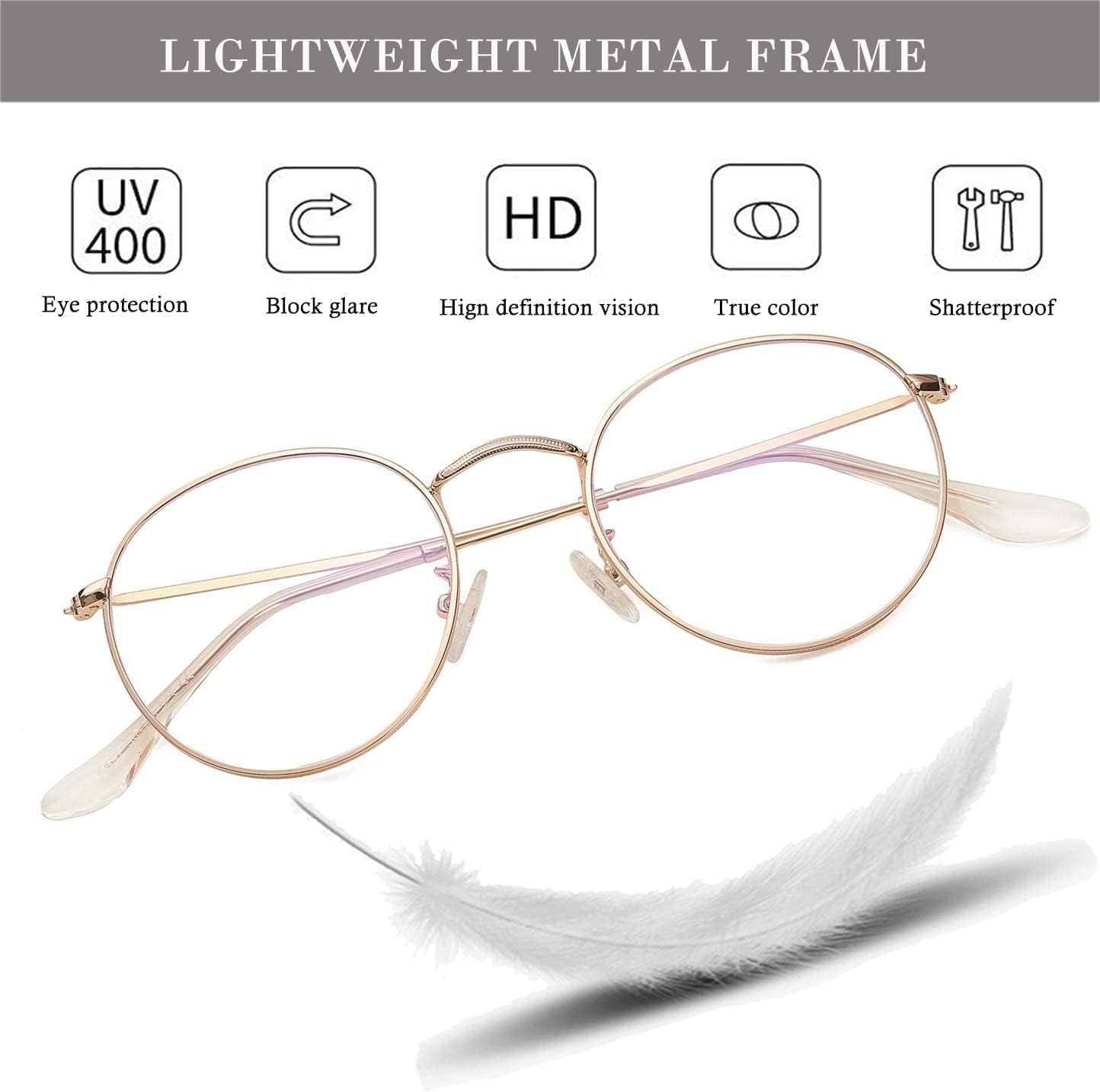 HJSTES Round Blue Light Glasses for Women Men Retro Circle Clear Lens Metal Frame Eyeglasses