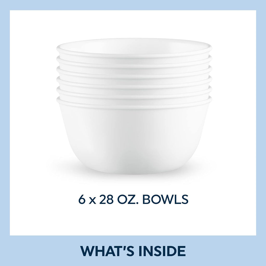 Corelle Vitrelle 28-oz Soup/Cereal Bowls Set of 6 Chip & Crack Resistant Dinnerware Bowls for Soup  Ramen  Cereal and More  Triple Layer Glass  Winter Frost White