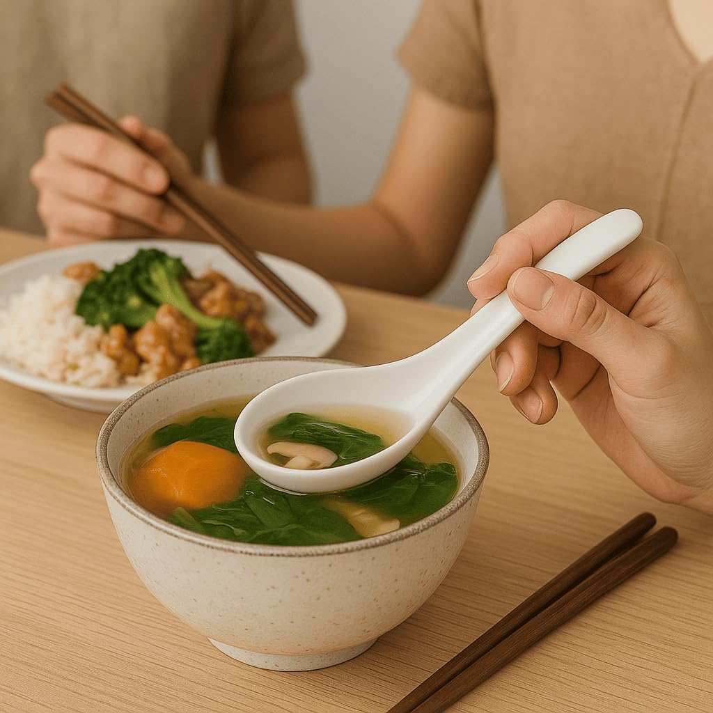 Asian Soup Spoons Set - Durable Melamine Spoon for Ramen  Miso  Japanese & Chinese Soups - Comfortable Grip  Dishwasher Safe & Long-Lasting - Perfect for Home & Restaurant Use | One Set/ 6PCS