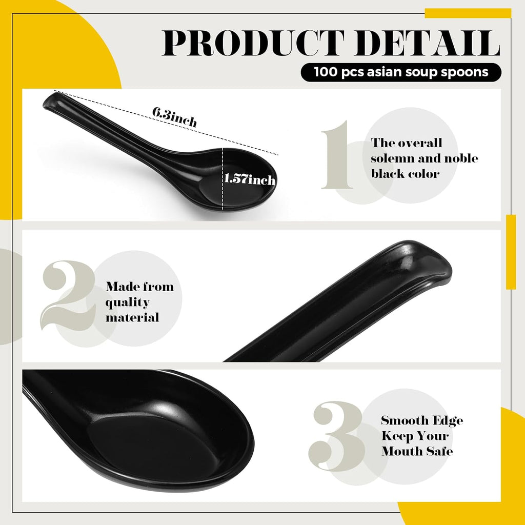 Hushee 100 Pcs Asian Soup Spoon Large Chinese Noodle Ramen Reusable Japanese Wonton Rice Dumpling Pho Spoon Bulk with Hook for Home Restaurant Kitchen (Black)