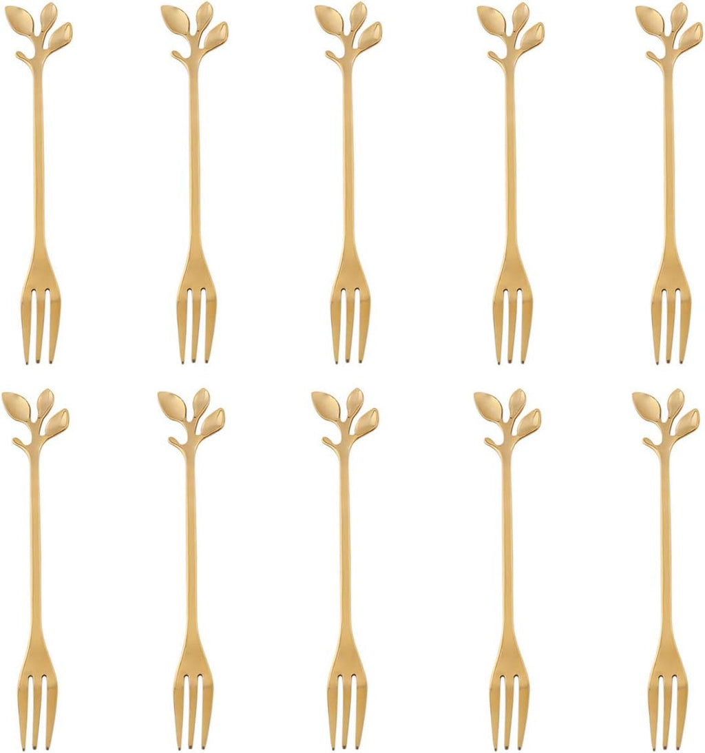 AnSaw 10-Piece Gold Mini Leaf Dessert Forks Set - 4.7" Elegant Stainless Steel Fruit  Appetizer  Cake & Salad Forks - Perfect for Cocktail Parties & Home Use