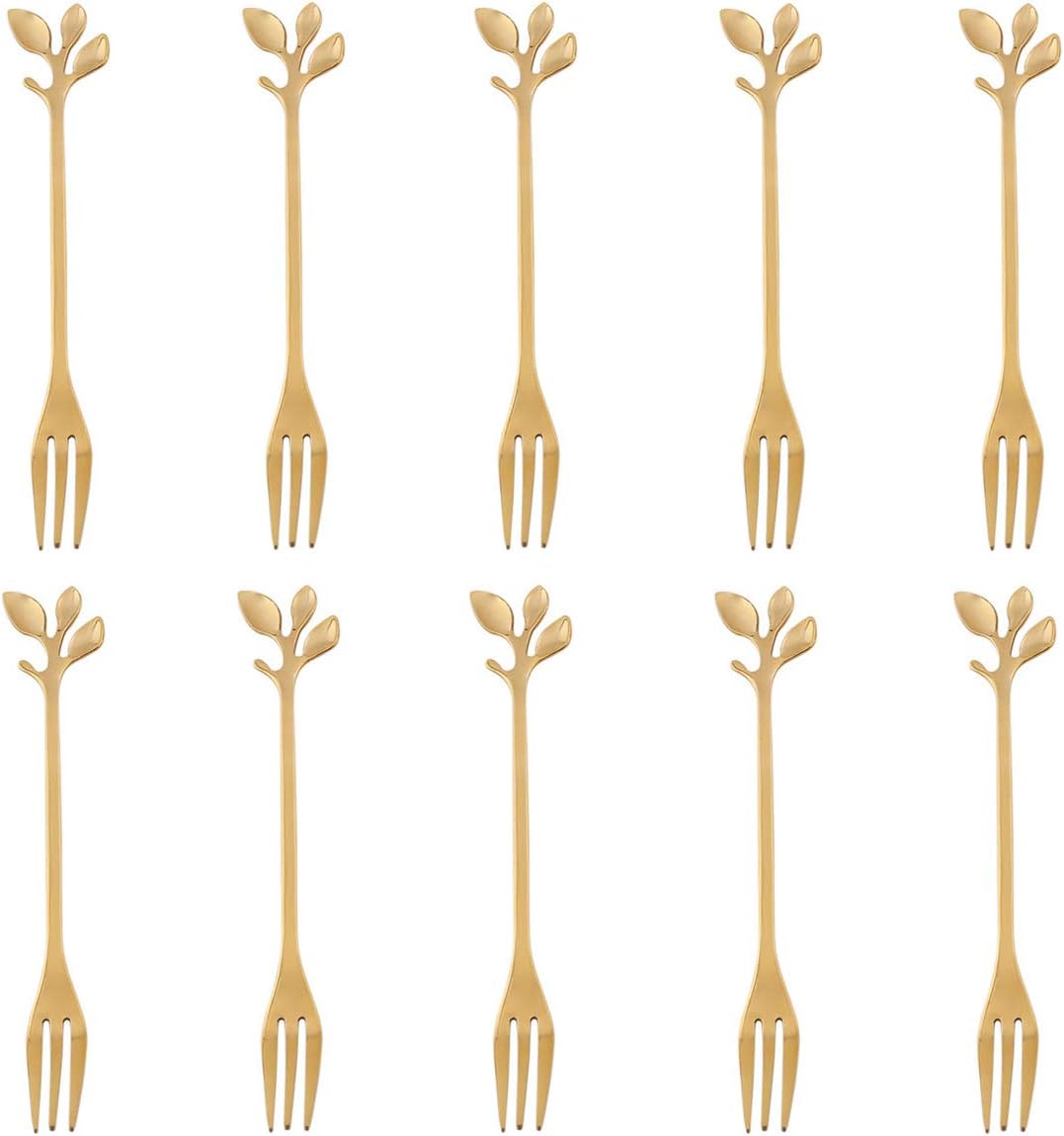 AnSaw 10-Piece Gold Mini Leaf Dessert Forks Set - 4.7" Elegant Stainless Steel Fruit  Appetizer  Cake & Salad Forks - Perfect for Cocktail Parties & Home Use