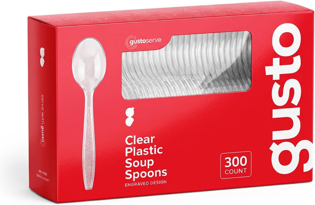 Comfy Package [Pack of 300] Heavyweight Disposable Clear Plastic Soup Spoons - Engraved Design