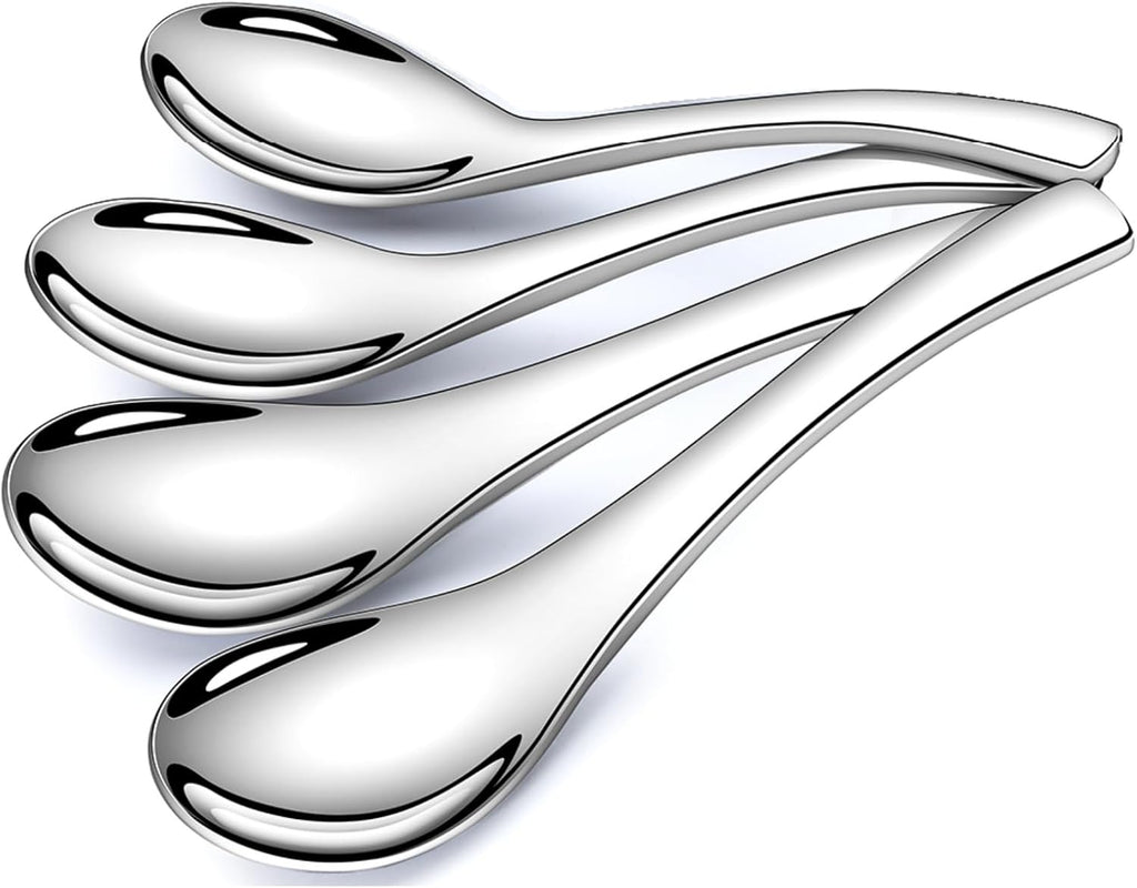Stainless Steel Soup Spoons - 6 Inch Heavy Duty Asian Soup Spoon for Ramen  Rice  Tea  and Milk  Set of 4 Short Handle Ramen Spoons  Dishwasher Safe  Silver Chinese Table Spoon