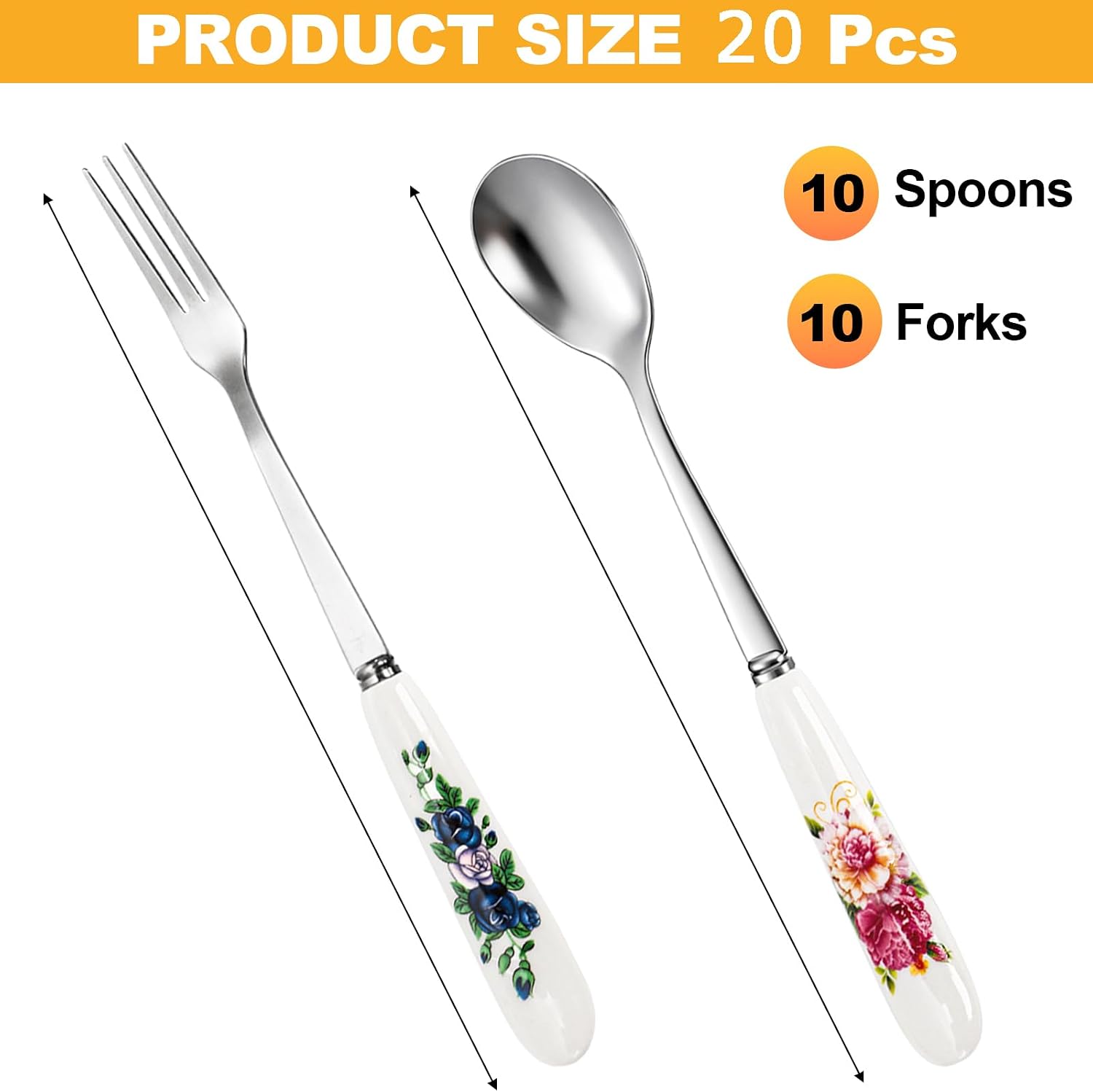Nicunom 20 Pcs Dessert Forks and Spoons Silverware Set  Stainless Steel Mini Fork Spoon with Ceramic Handle  Floral Design Tea Coffee Spoon Cake Fruit Fork for Dessert  Appetizers  Salad