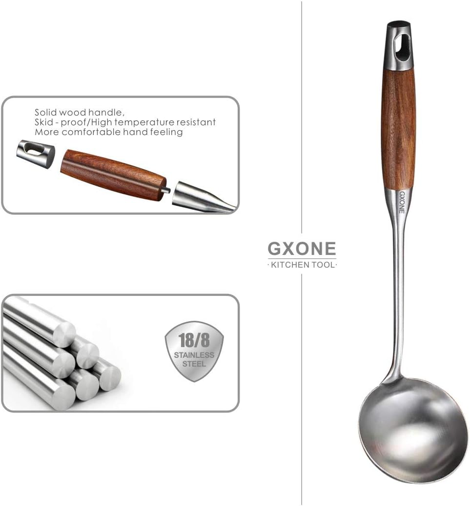 Soup Ladle 304 Stainless Steel Cooking Ladle Spoon Wok Tools with Long Wooden Handle Heat Resistant Silver/14.6Inch