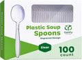 GUSTO [100 Pack] Heavyweight Clear Plastic Soup Spoons with Engraved Design - Disposable Sturdy Plastic Utensils for Parties  Weddings  and Events (Formerly Comfy Package)