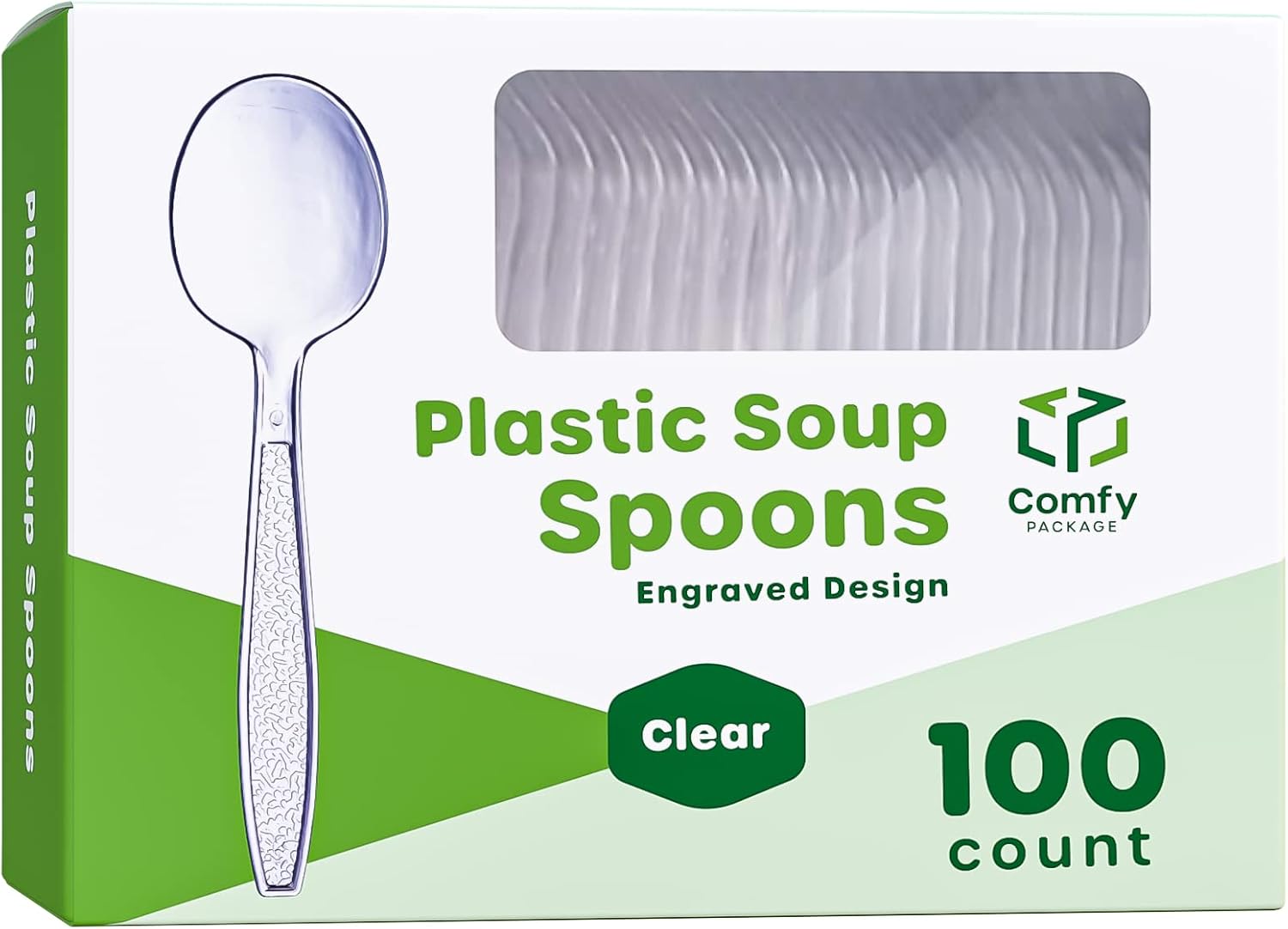 GUSTO [100 Pack] Heavyweight Clear Plastic Soup Spoons with Engraved Design - Disposable Sturdy Plastic Utensils for Parties  Weddings  and Events (Formerly Comfy Package)