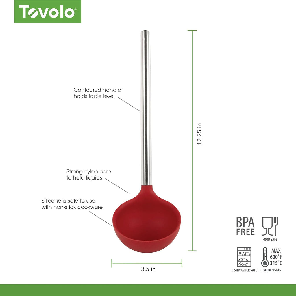 Tovolo Silicone Ladle With Stainless Steel Handle Deep Soup Ladle for Cooking Canning Serving Soup Punch Stew Sauce  Large Kitchen Utensil Spoon Dishwasher Safe BPA Free Silicone Cayenne Red
