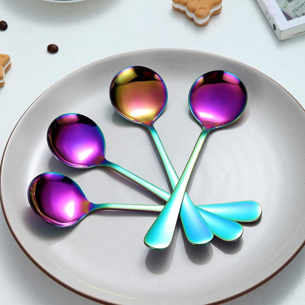 Rainbow Soup Spoon of 4  Berglander 7.5" Stainless Steel Titanium Plating Shiny Mutilcolor Round Spoons Silverware  Colorful Table Spoon Table Spoons Set Sturdy Easy To Clean  Dishwasher Safe