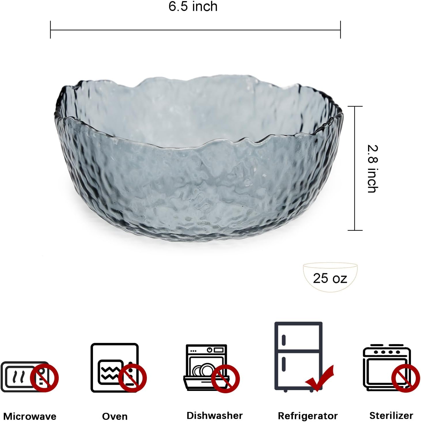 TOSSOW Glass Salad Bowl Irregular Shape Serving Bowls  25 oz Pyrex Mixing Bowls for Kitchen Prep  Fruit  Snack  Dessert  and Candy Dishes or Nut Bowls(Grey)