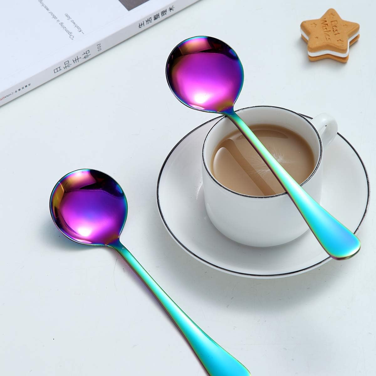 Rainbow Soup Spoon of 4  Berglander 7.5" Stainless Steel Titanium Plating Shiny Mutilcolor Round Spoons Silverware  Colorful Table Spoon Table Spoons Set Sturdy Easy To Clean  Dishwasher Safe
