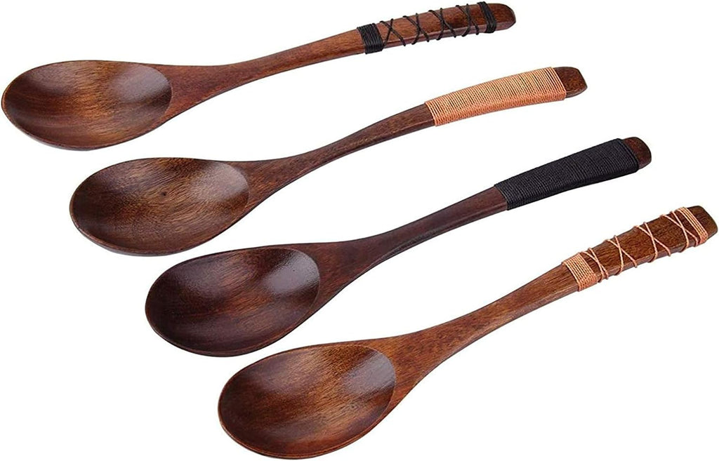4pc-Handmade Japanese Style Wooden Soup Spoons with Tied Line on Handle