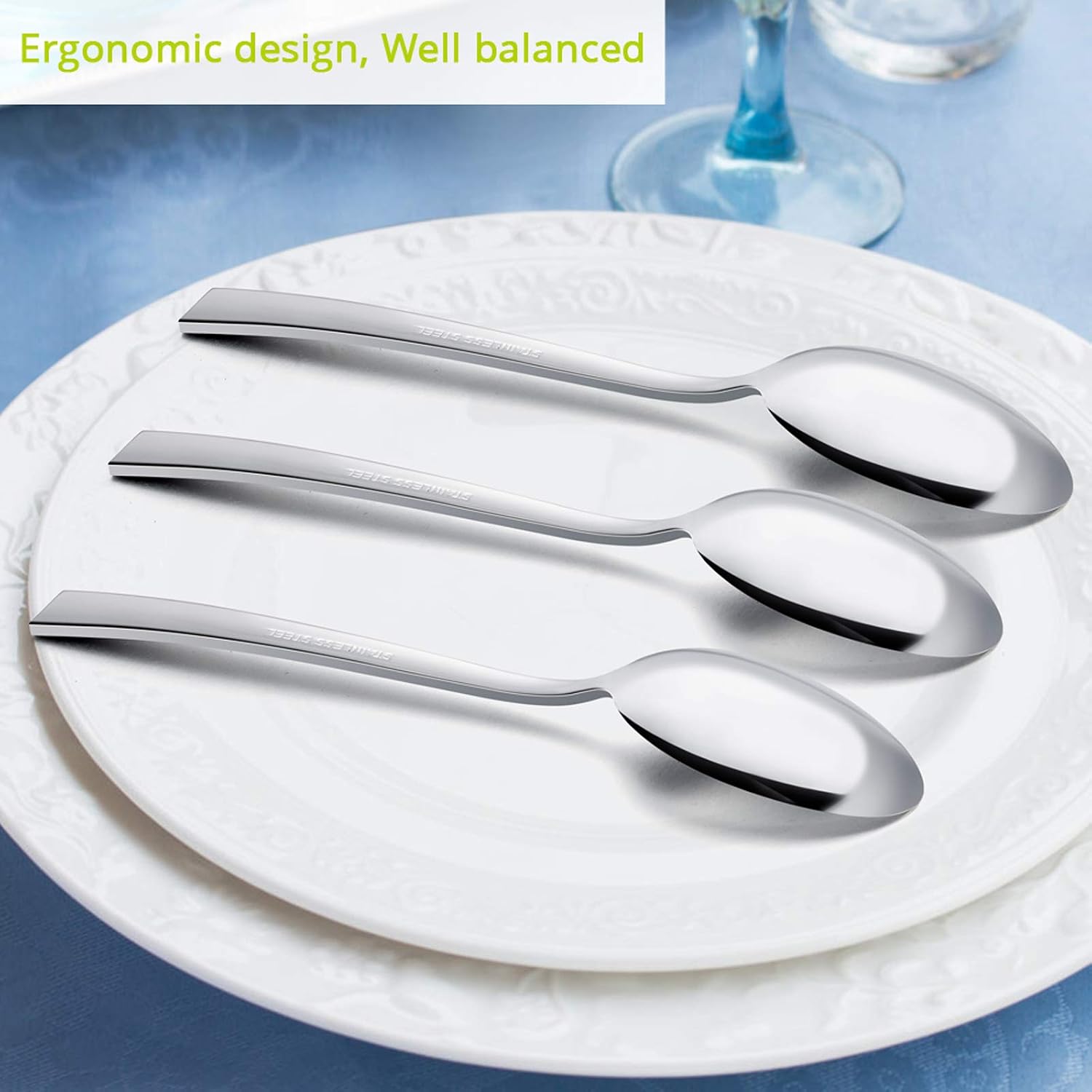 Dinner Spoons Set of 12  E-far 7.9 Inch Stainless Steel Soup Spoons Tablespoons for Home  Kitchen or Restaurant  Non-toxic & Mirror Polished  Squared Edge & Dishwasher Safe