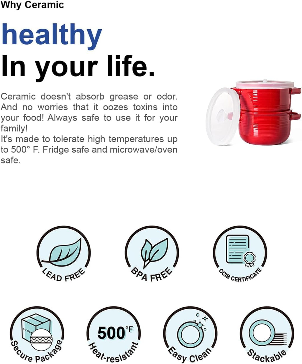 LE TAUCI Soup Bowls with Handles and Silicone Lids  28 oz Ceramic Ramen Bowl Microwavable  Oven Safe French Onion Soup Bowls for Noodles and Cereal  Lead & Cadmium Free Soup Crocks  Set of 2  Red
