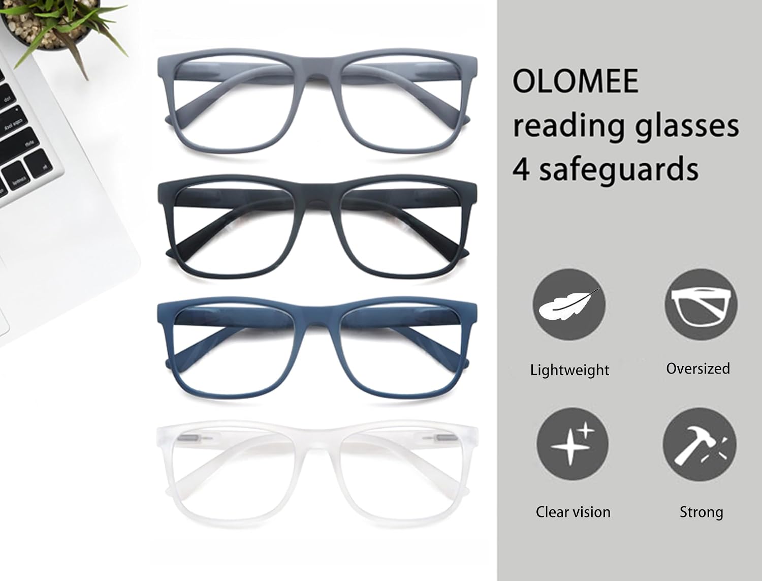 Large Reading Glasses Mens Oversized Wide Readers +1.50 Lightweight Square Magnifying Cheaters Glasses for Men W/Big Head 4 Pack