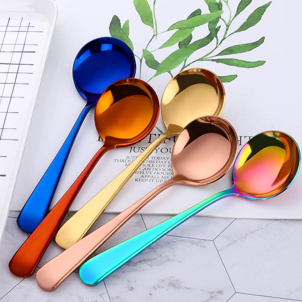 Broth Round Spoon Set  8-Piece Reusable Stainless Steel Dinner Table Cereal Soup Spoon  Camping Ramen Spoons