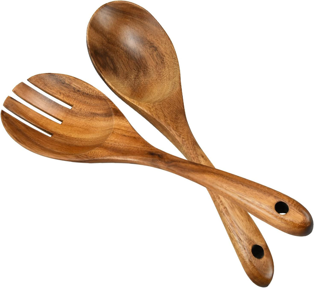 Salad Servers  Wood Salad Tongs  10.2in Salad Spoon and Fork Set  Long Handle Salad Server Set for Mixing  Tossing and Cooking