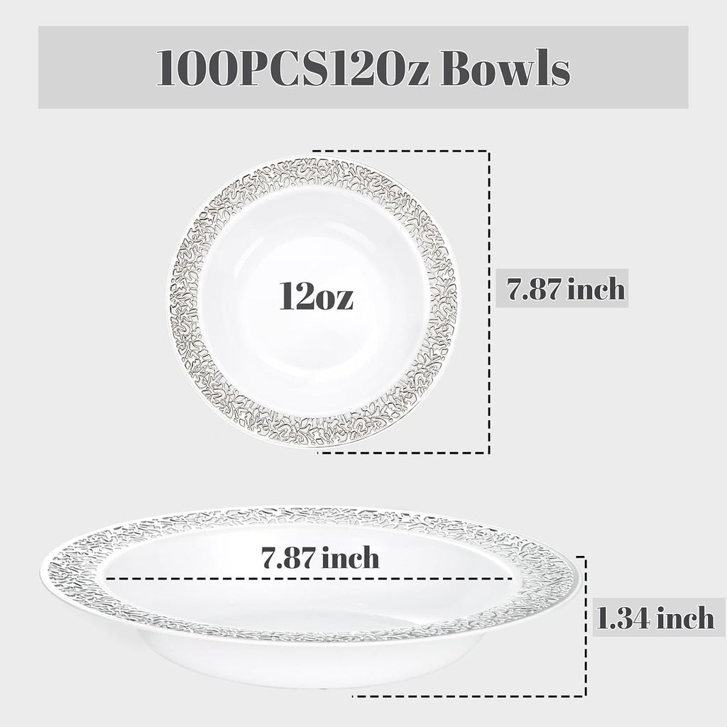 I00000 100 Silver Plastic Bowls  12 oz Disposable Bowls  Premium Disposable Heavy Duty Plastic Bowl for Birthday  Wedding & Party