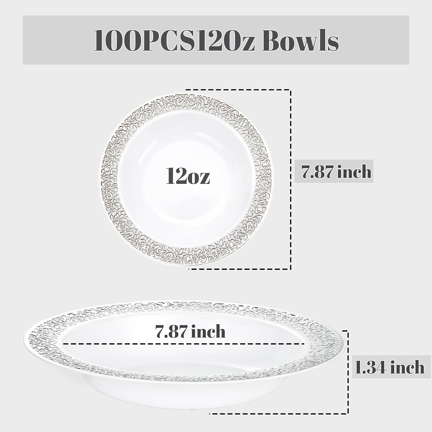 I00000 100 Silver Plastic Bowls  12 oz Disposable Bowls  Premium Disposable Heavy Duty Plastic Bowl for Birthday  Wedding & Party