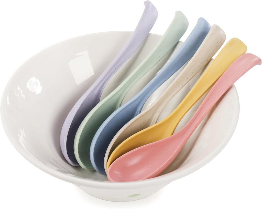 Hiceeden Set of 24 Reusable Plastic Asian Chinese Soup Spoons  Unbreakable Japanese Ramen Set  Long Dinner Spoons for Dumpling  Cereal  Dishwasher Safe  6 Colors