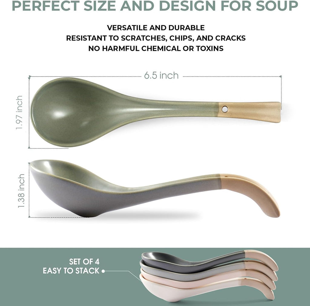 Asian Ceramic Soup Spoon  with Long Handle Easy to Hold  Non-slip Bottom  for Japanese Ramen  Chinese and Vietnamese Wonton  Noodle Soup Spoons (V38)