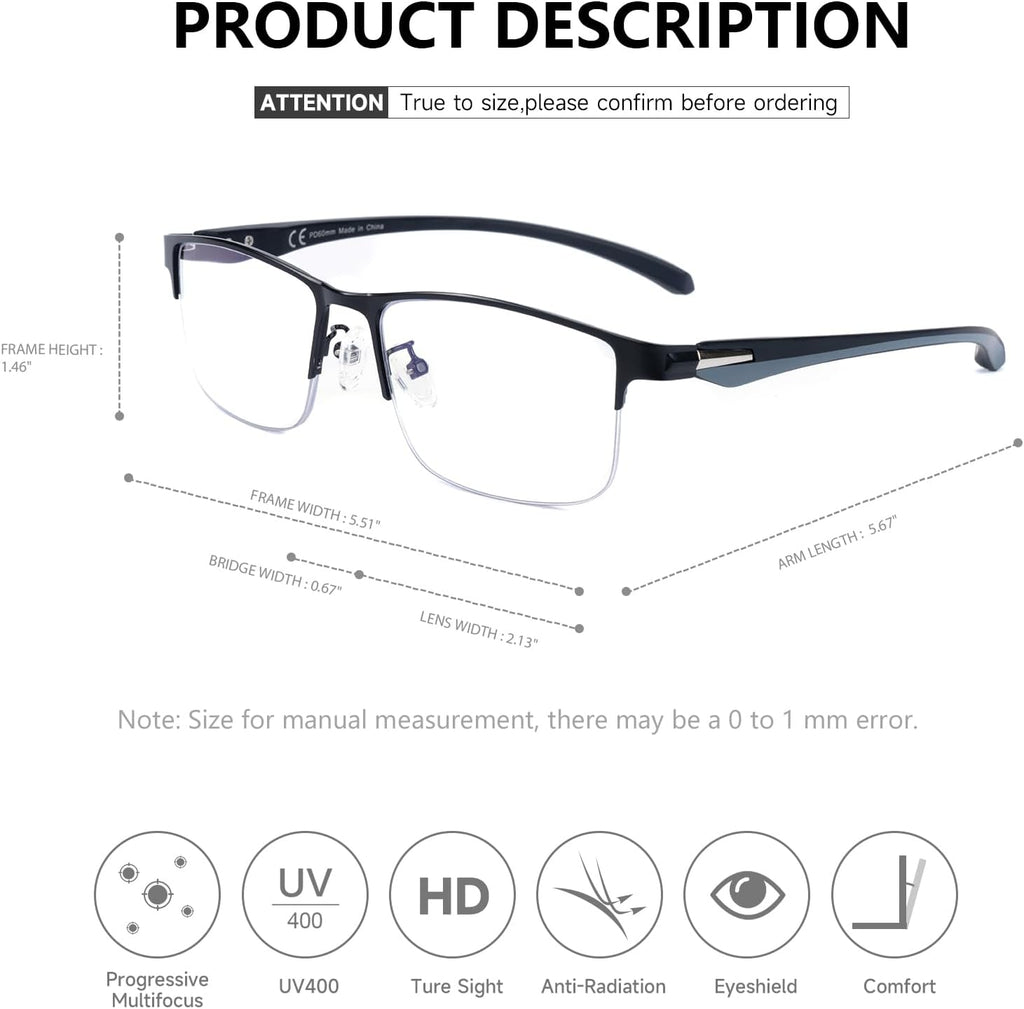 SKYOAK 2 Pack Mens Premium Progressive Multifocus Reading Glasses  TR90 Temples Blue Light Blocking Anti UV/Eye Strain Computer Readers No-Line Half Frame Multifocal Eyeglasses  2x