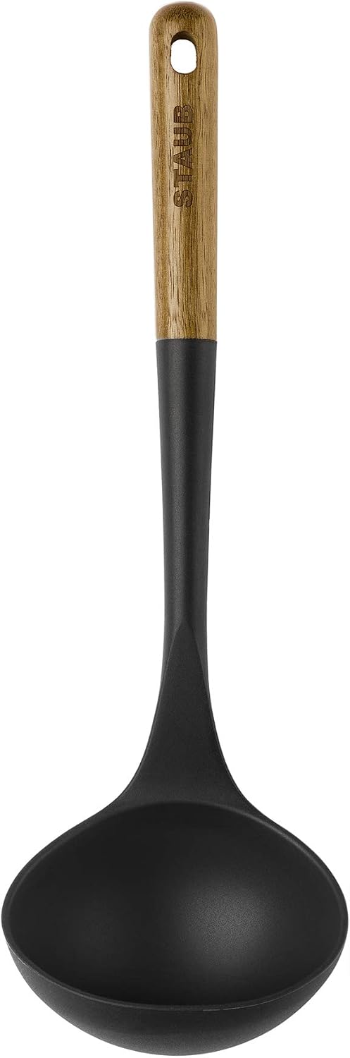 STAUB Soup Ladle  Perfect for Serving Hot Soup  Portion Batter for Pancakes  and Sauce Pasta  Durable BPA-Free Matte Black Silicone  Acacia Wood Handles  Safe for Nonstick Cooking Surfaces