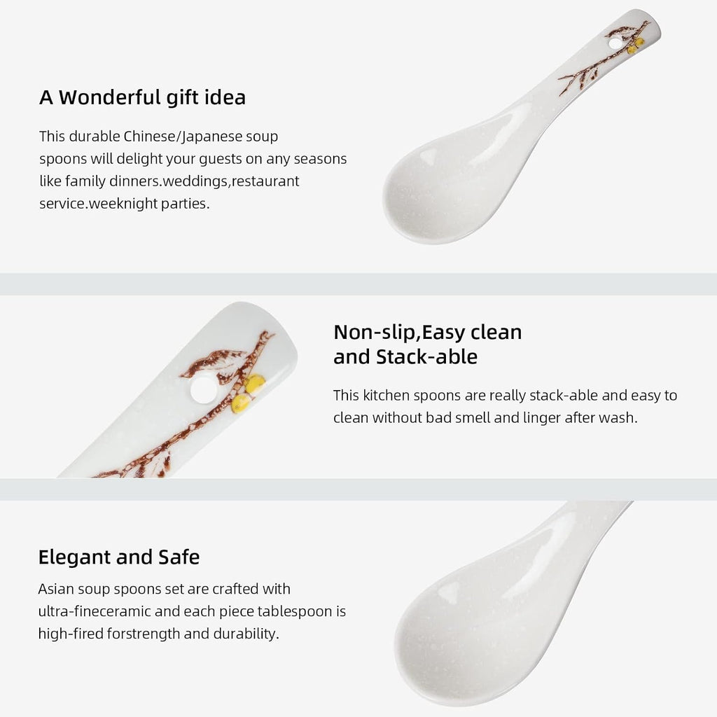 6 Pieces Japanese Retro Ceramics Soup Spoons Asian Soup Spoons Japanese Style Rice Spoon Flatware Chinese Serving Spoons Appetizers Tableware Meal Partner for Salad Ramen Noodles Wonton