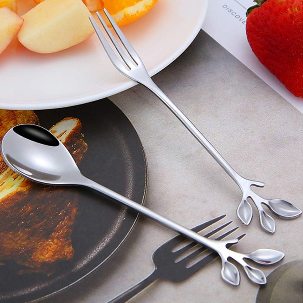AnSaw 10-Pc Silver Mini Spoons & Forks Set  4.7" - Stainless Steel  Leaf Handle  Ideal for Coffee Tea  Appetizers  Tastings  Parties  Charcuterie & Cocktails