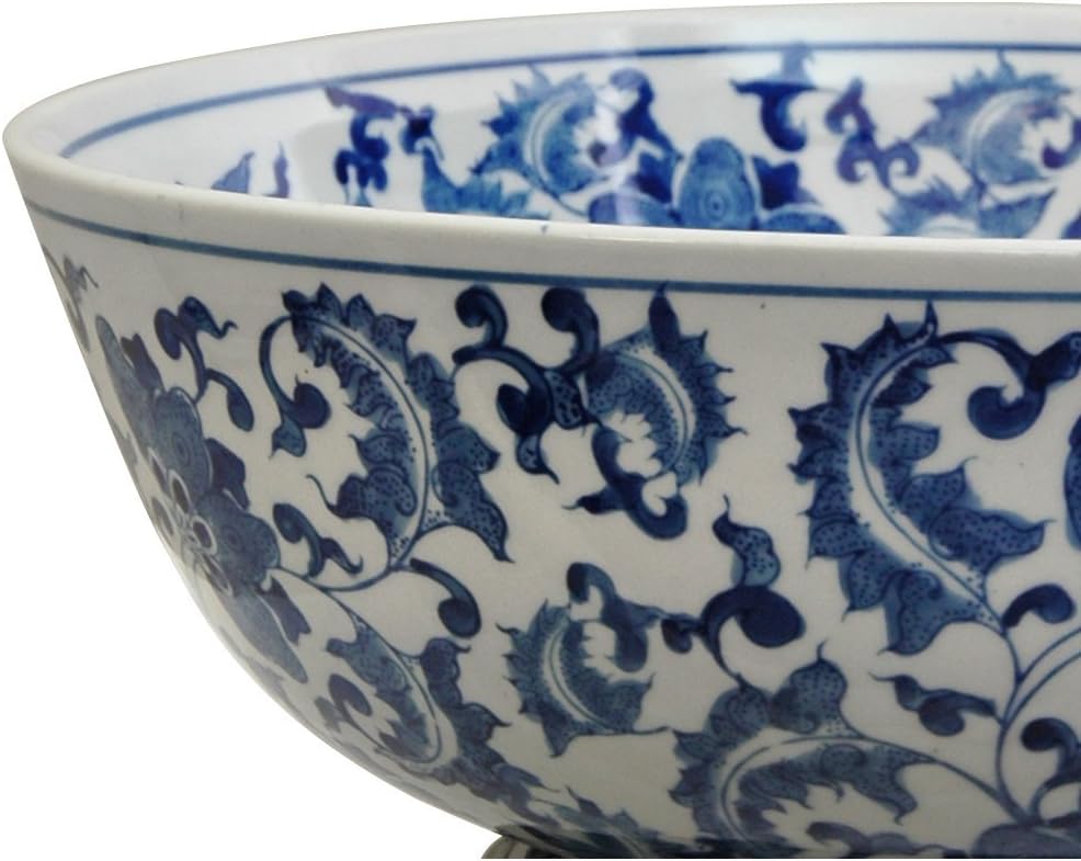Red Lantern 14" Floral Blue & White Porcelain Bowl Vase for Centerpiece in Kitchen Dining Living Room Bedroom with Boho Eclectic Modern Contemporary Classic Traditional Style Decor
