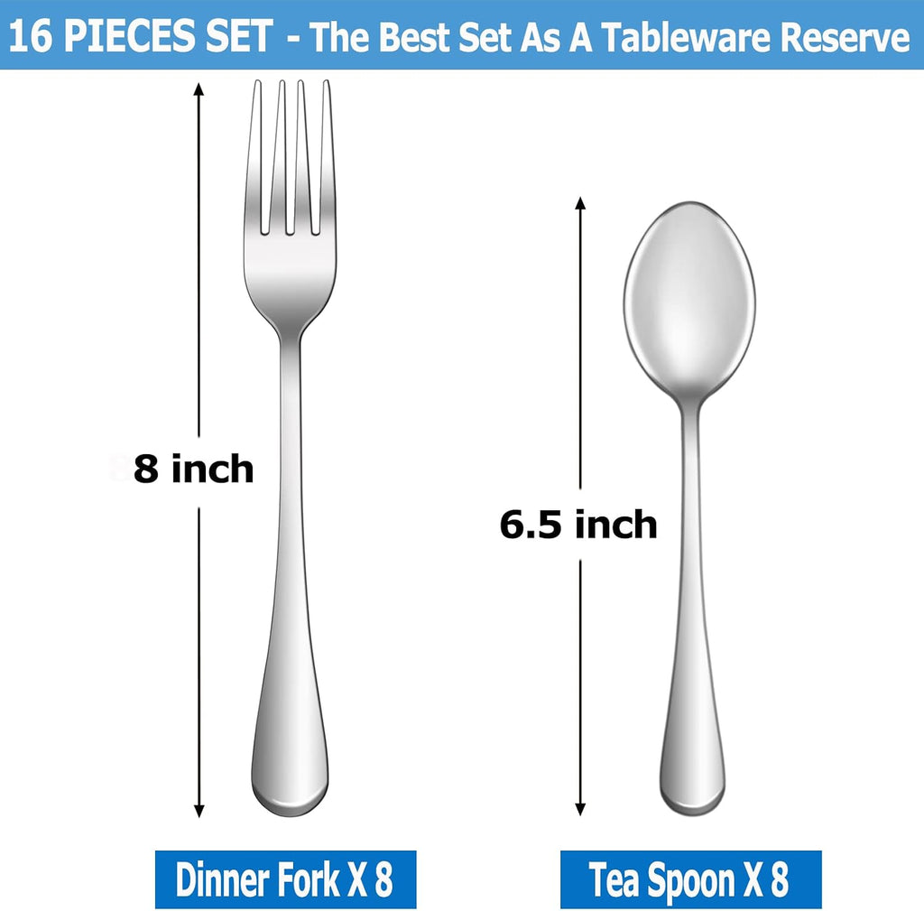 16 Pcs Forks and Spoons Silverware Set Food Grade Stainless Steel Flatware Cutlery Set for Home Kitchen and Restaurant Mirror Polished Dishwasher Safe - 8 Dinner Fork(8 inch) and 8 Teaspoon(6.5 inch)