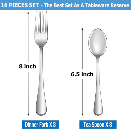16 Pcs Forks and Spoons Silverware Set Food Grade Stainless Steel Flatware Cutlery Set for Home Kitchen and Restaurant Mirror Polished Dishwasher Safe - 8 Dinner Fork(8 inch) and 8 Teaspoon(6.5 inch)
