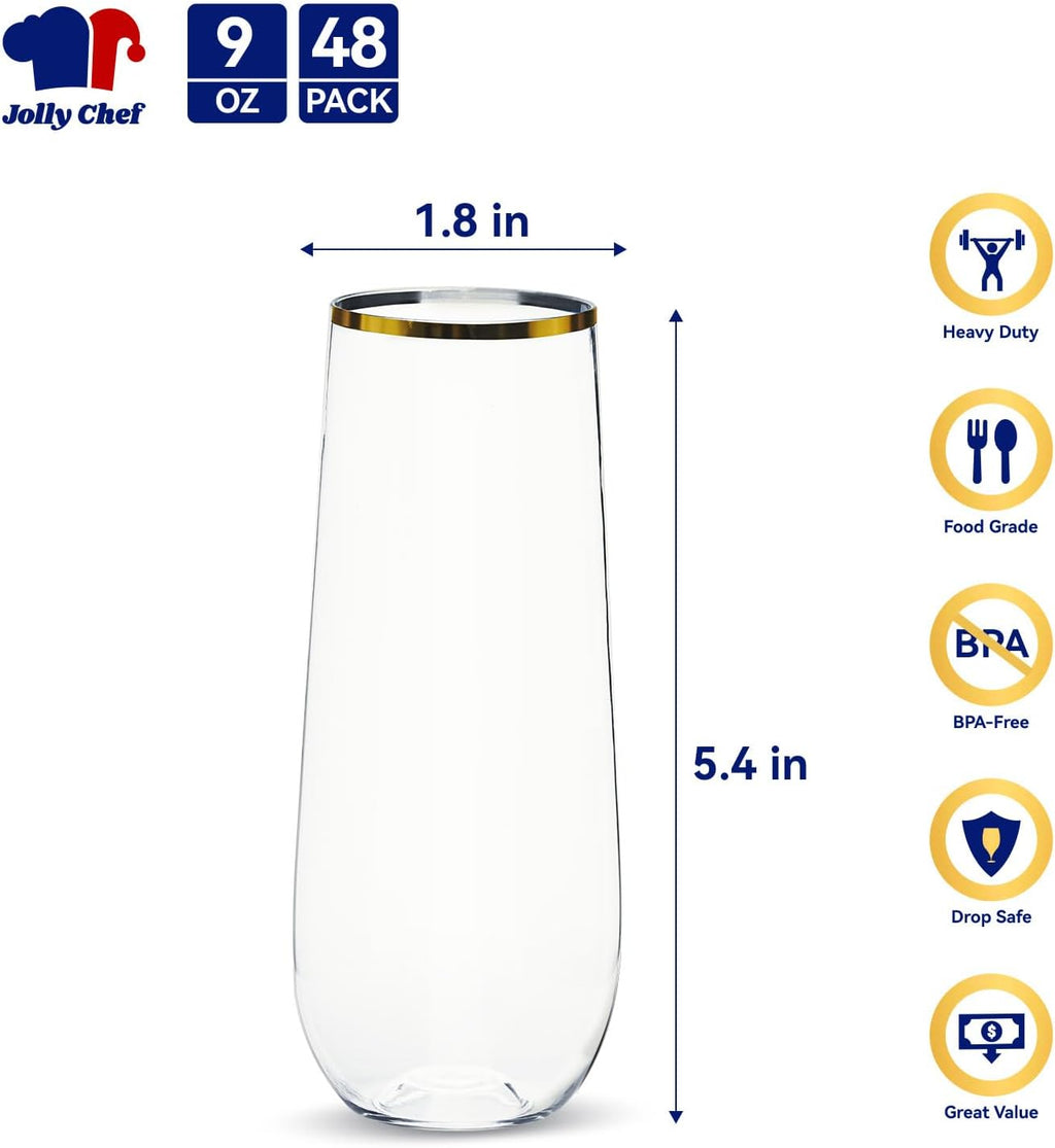 JOLLY CHEF 48 Pack Plastic Champagne Flutes  9 oz Gold Stemless Champagne Flutes  Plastic Champagne Glasses  Shatterproof Recyclable Mimosa Glasses for Party  Wedding  Christmas  Birthday