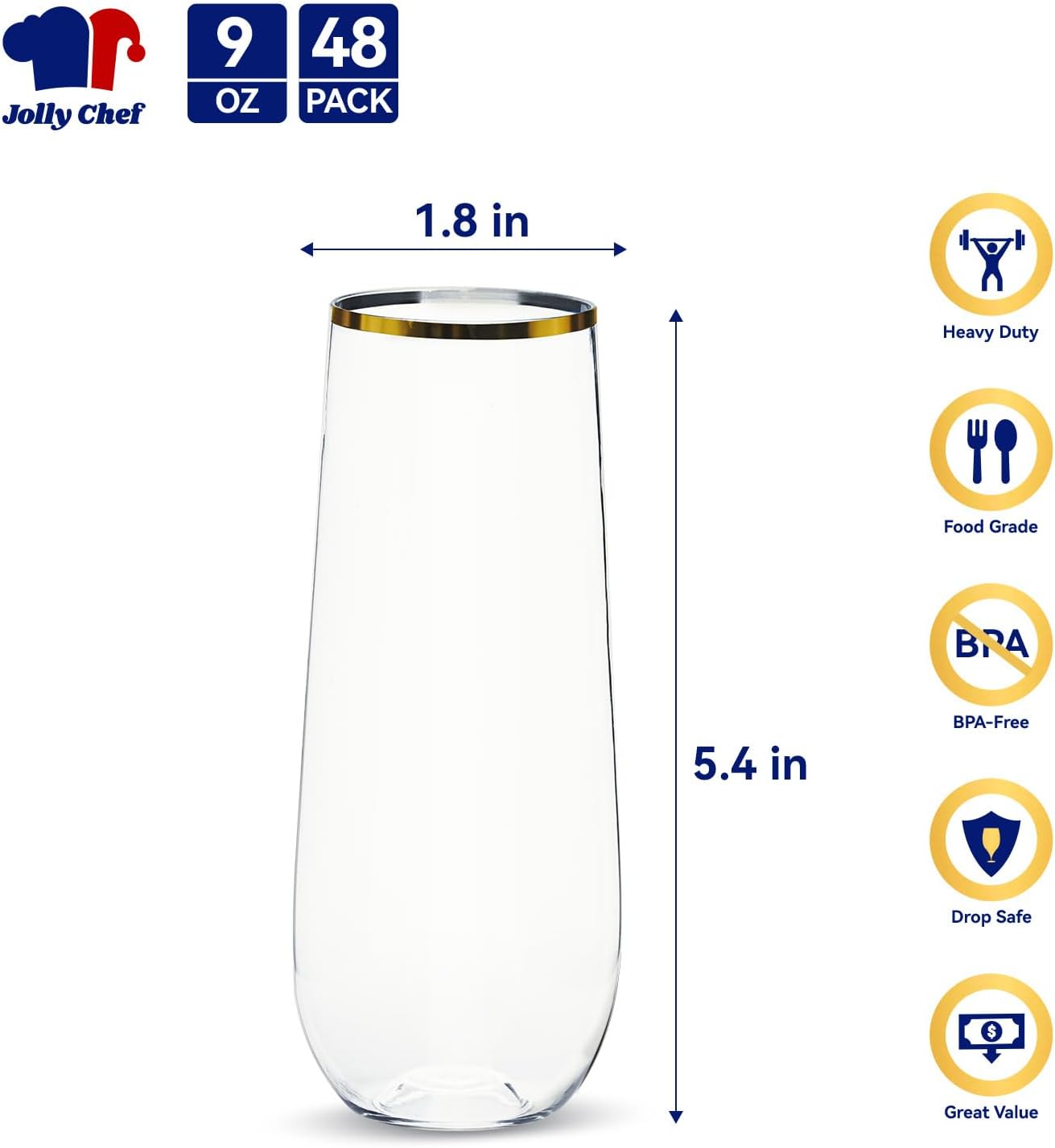 JOLLY CHEF 48 Pack Plastic Champagne Flutes  9 oz Gold Stemless Champagne Flutes  Plastic Champagne Glasses  Shatterproof Recyclable Mimosa Glasses for Party  Wedding  Christmas  Birthday