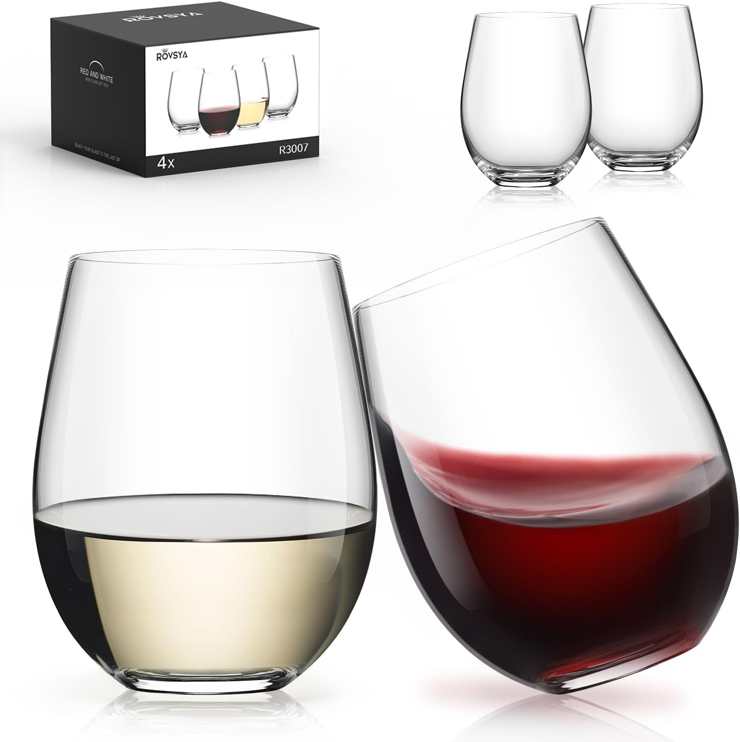 LUNA & MANTHA Stemless Wine Glasses Set of 4  18oz Crystal Red White Wine Glasses for Daily Use  Hosting  Home Bar  Evening Party  Birthdays  Shower  Housewarming Gift  Clear