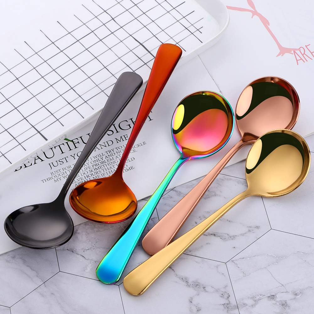 8 Piece Soup Bouillon Cereal Spoon QOBIMOON Stainless Steel Soup Spoons 6.2 Inch Round Bouillon Spoons Mixed Colors