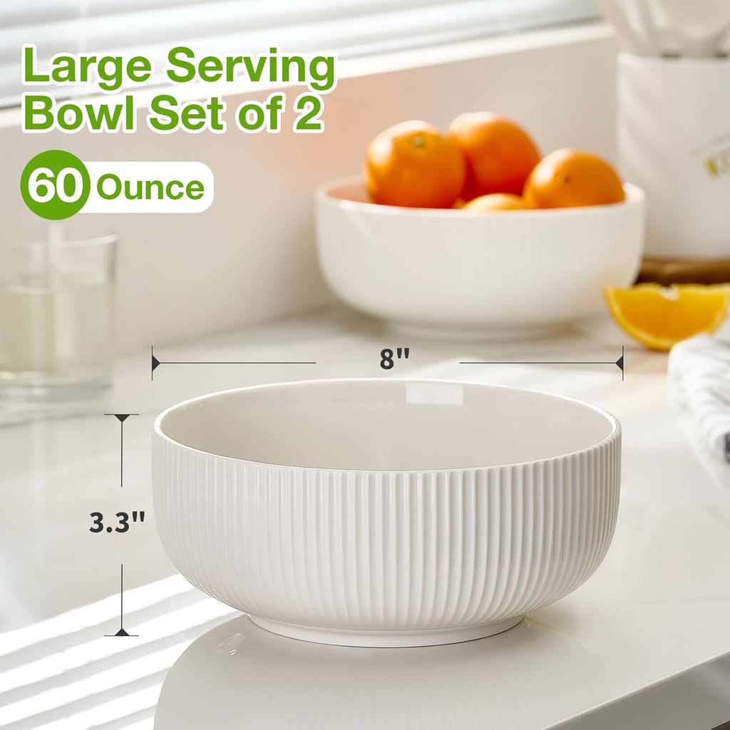 Mfacoy 2 Pack Salad Bowl  8 inch 60 oz Large Serving Bowl Set  Deep Bowl for Kitchen  White Ceramic Bowl Set for Soup  Cereal  Ramen  Pasta  Salad  Dishwasher & Microwave Safe  Easy Clean