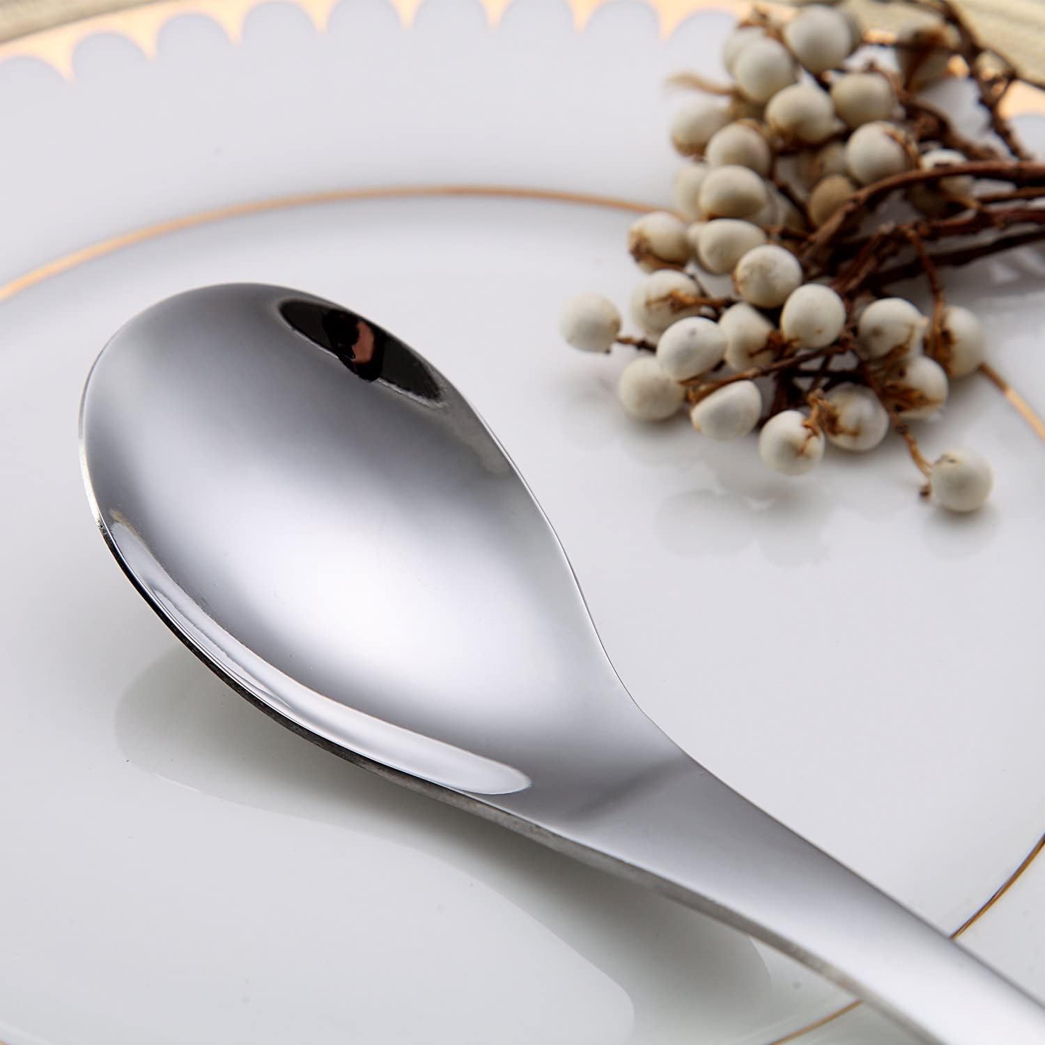 Kyraton Soup Spoons 4 Pieces  Stainless Steel Thick Heavy Weight Table Spoons  Asian Chinese Japanese Spoon Set for Cereal Ramen Dishwasher Safe