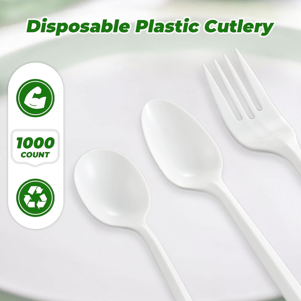 1000PCS Disposable Plastic Spoons Silverware Bulk Soup Spoon White Reusable Heavy Duty Disposable Cutlery Plastic Utensils Flatware for Home Restaurant Party Picnic Camping Travel (Soup Spoon-1000pcs)