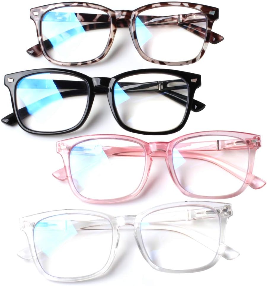Henotin 4-Pack Blue Light Blocking Reading Glasses Women Men Spring Hinge Computer Readers Anti UV Ray Square Nerd Eyeglasses (Mixed Color  0.00  Diopters)