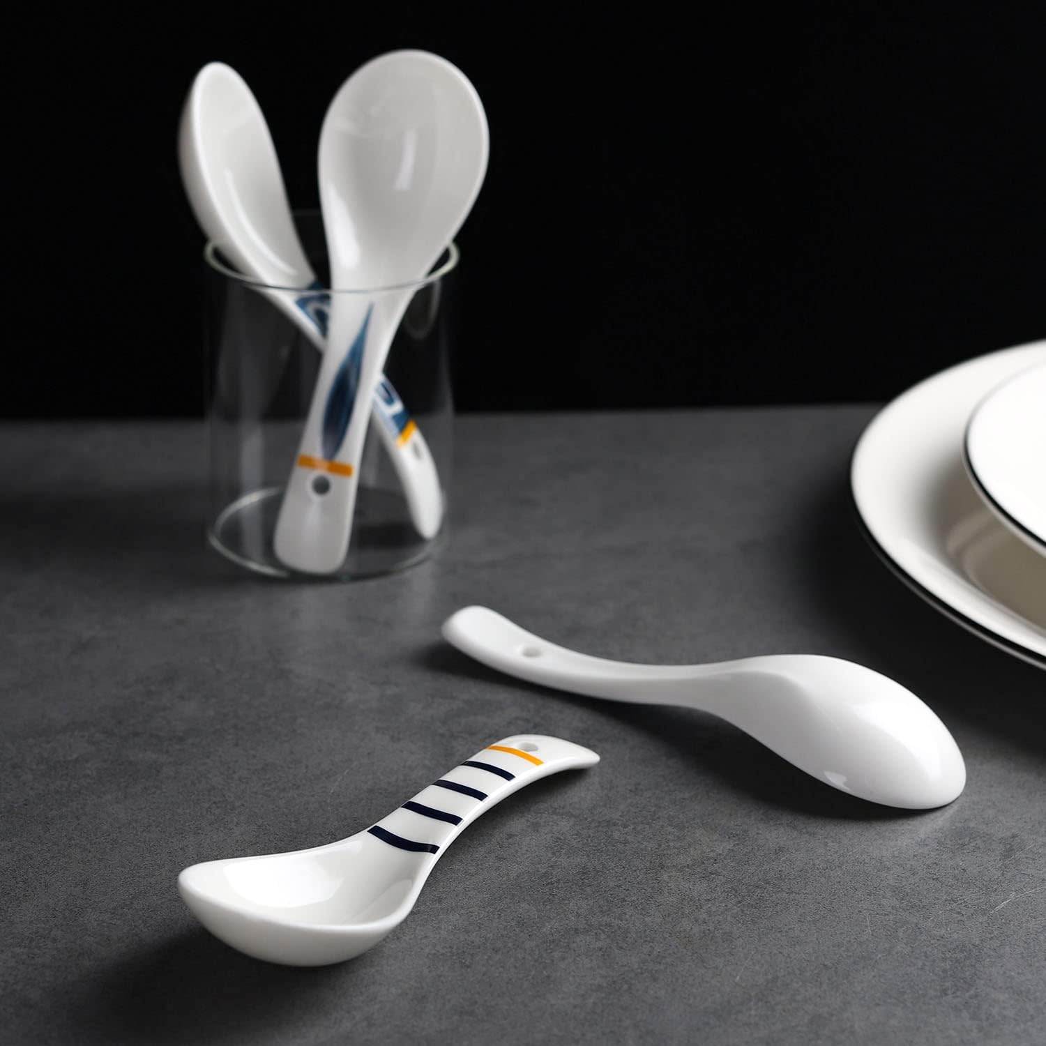 Ceramic Asian Soup Spoons Set of 4 Japanese Ramen Spoons Porcelain Chinese Soup Spoons for Ramen Noodles Pho Blend with Udon