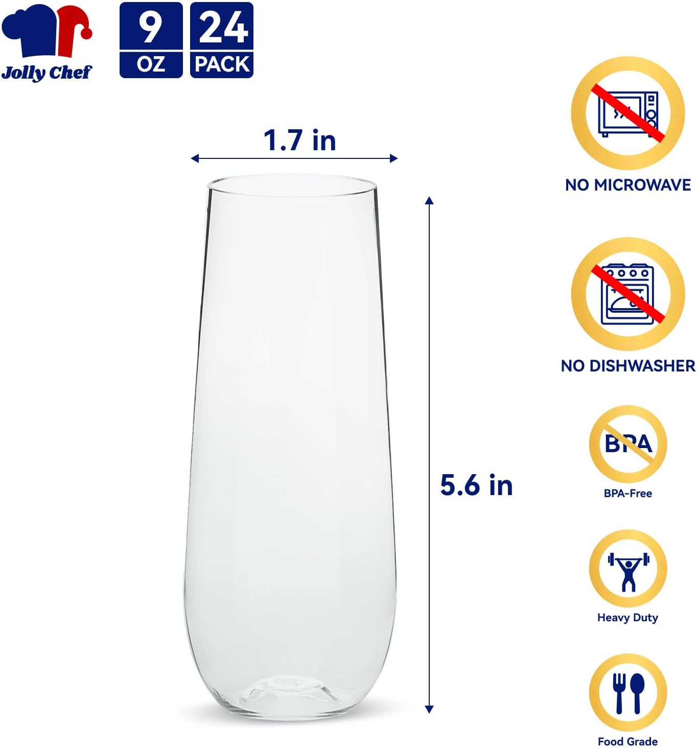 JOLLY CHEF 24 Pack Stemless Plastic Champagne Flutes Disposable 9 Oz Gold Rim Clear Plastic Toasting Glasses Shatterproof Recyclable for Party  Wedding  Birthday  Christmas