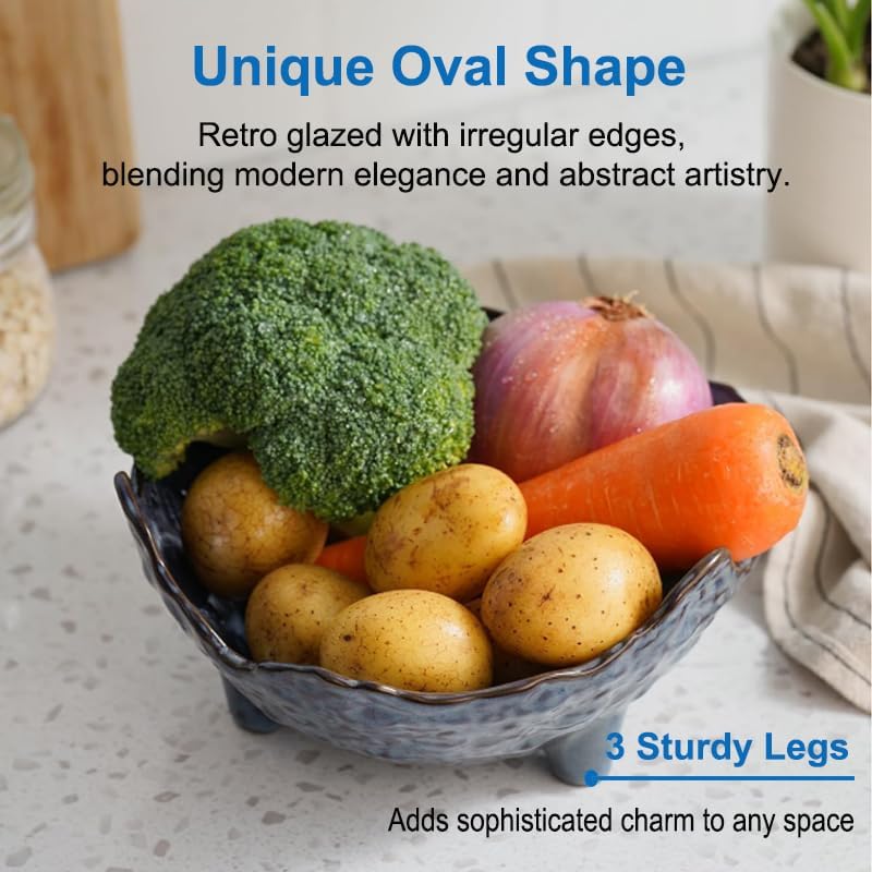 Fruit Bowl  Porcelain Oval Bowl for Kitchen Counter Large Decorative Bowl for Home Decor Centerpiece Bowl for Fruit  Vegetable  Breads  Nuts  Blue